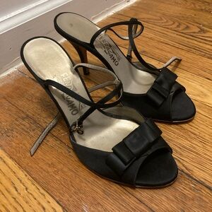 Salvatore Ferragamo Black Strappy Heels with Removable Satin Bow